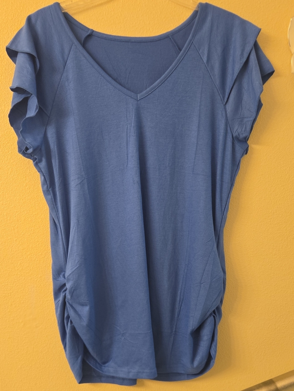 Large Blue V-Neck Ruffle Sleeve Women's Top (No Brand Listed)